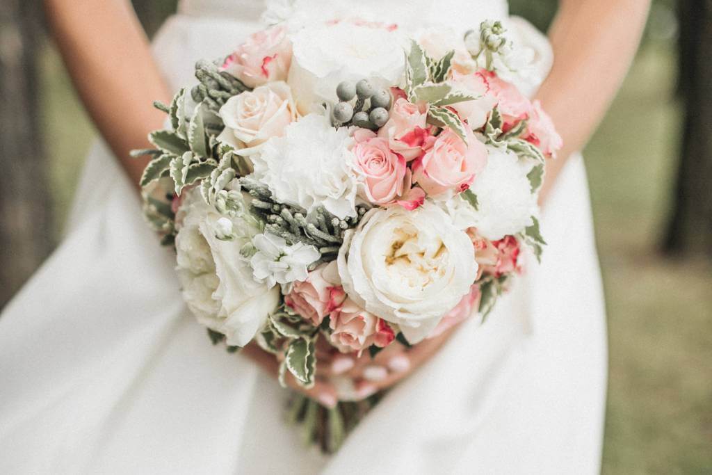 soft blush wedding bouquet with peonies