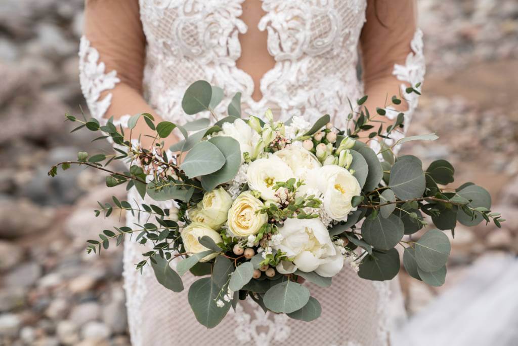 white bridal bouquet with eucalyptus stems