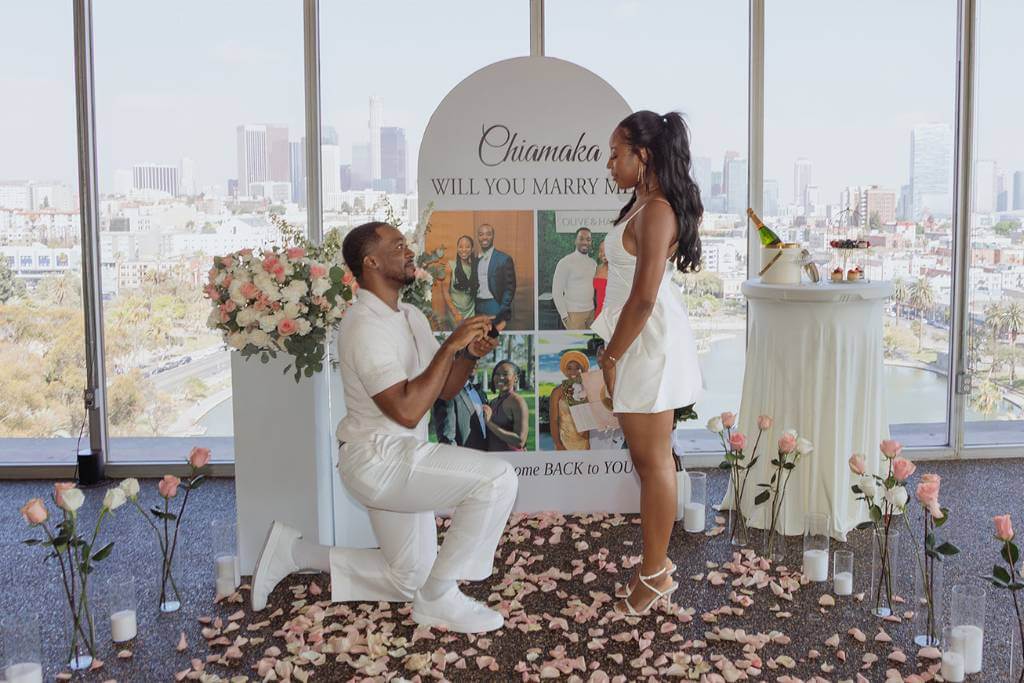 indoor city view proposal kneeling