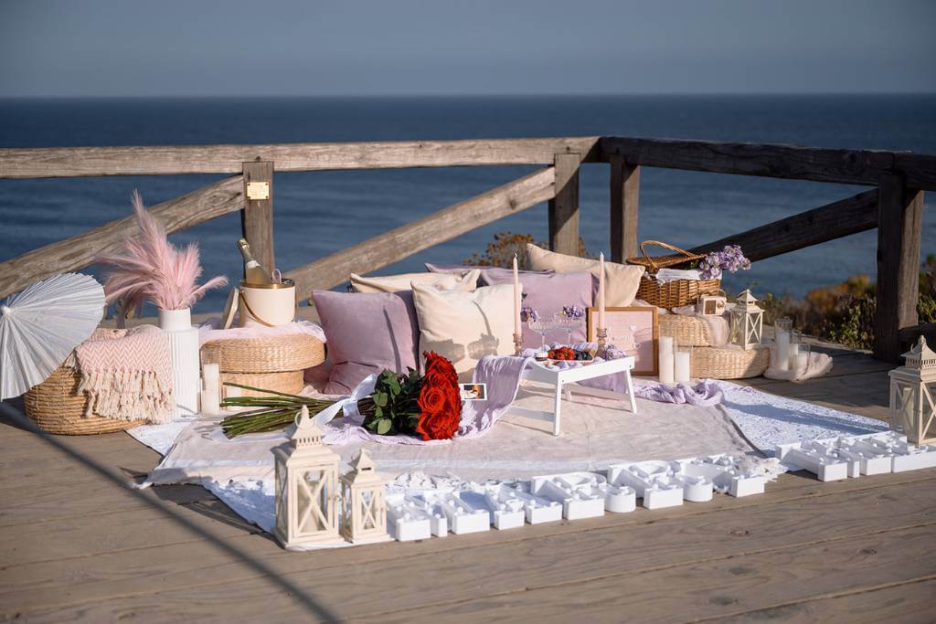 boho picnic setup for her proposal