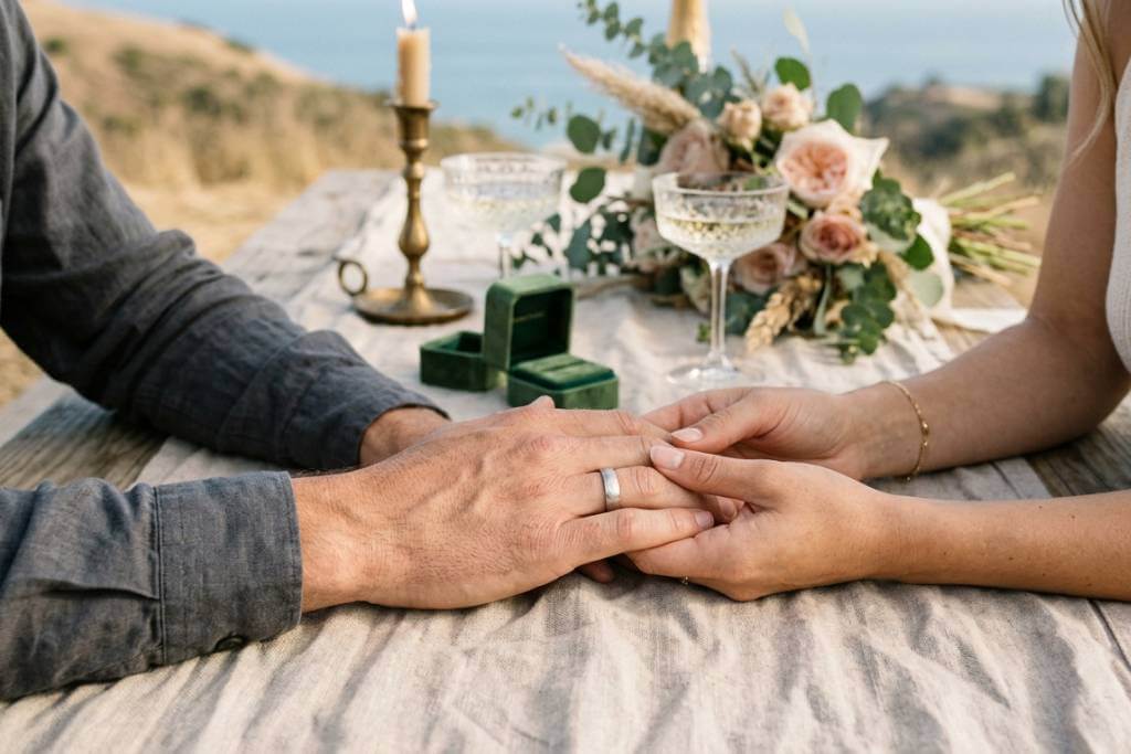 couple showing engagement rings