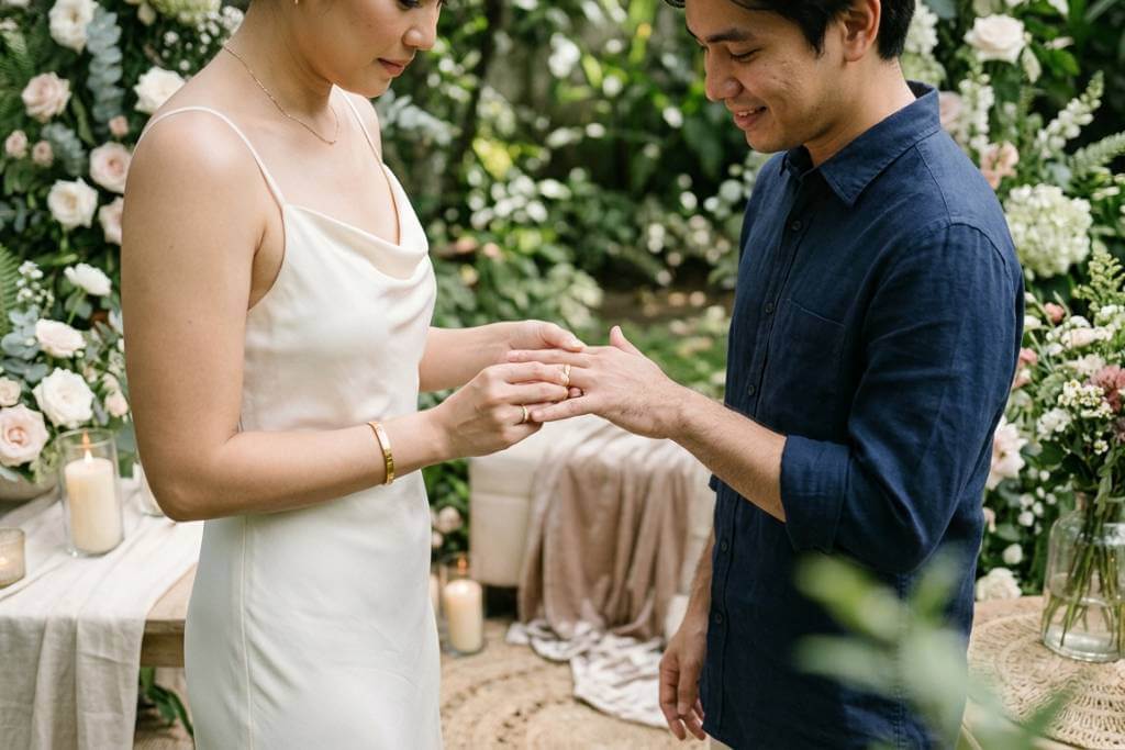 woman placing ring on man