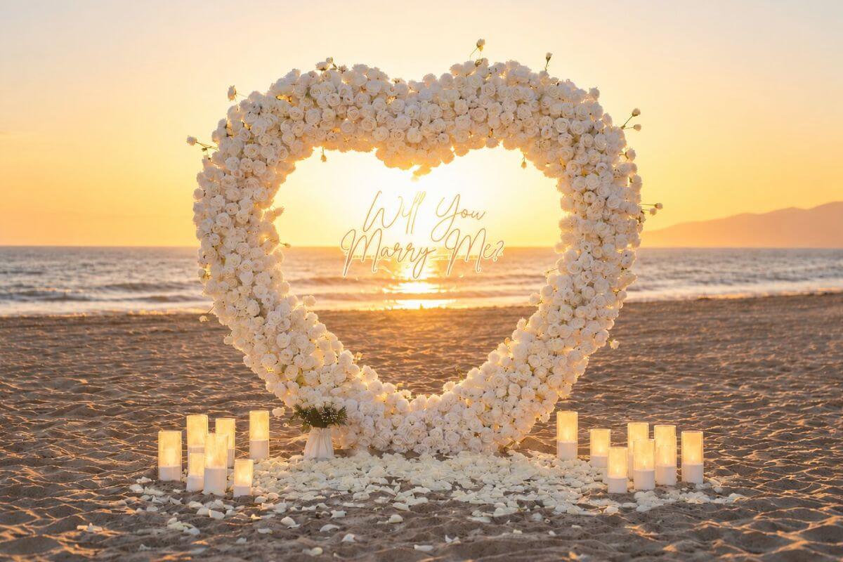 Essential Rose Heart marriage proposal setup on a Los Angeles beach