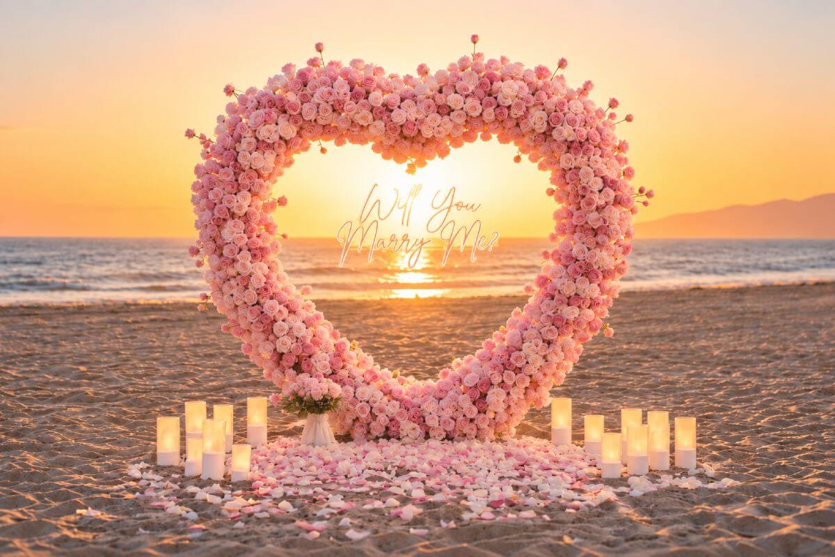 Pink rose heart arch marriage proposal setup on the beach