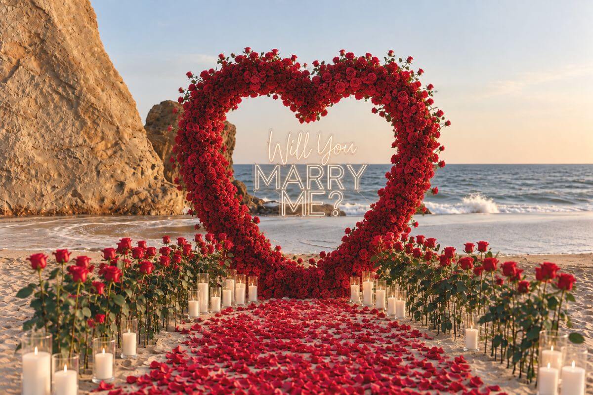 Red rose heart arch proposal setup with rose aisle and candles