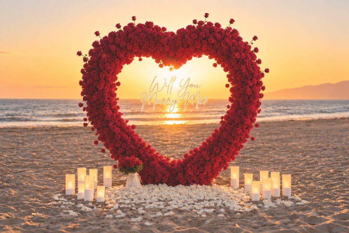 Red rose heart arch proposal setup on a Malibu beach
