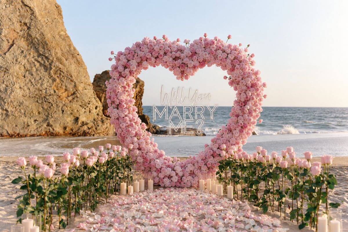 Rose heart beach marriage proposal setup in Los Angeles