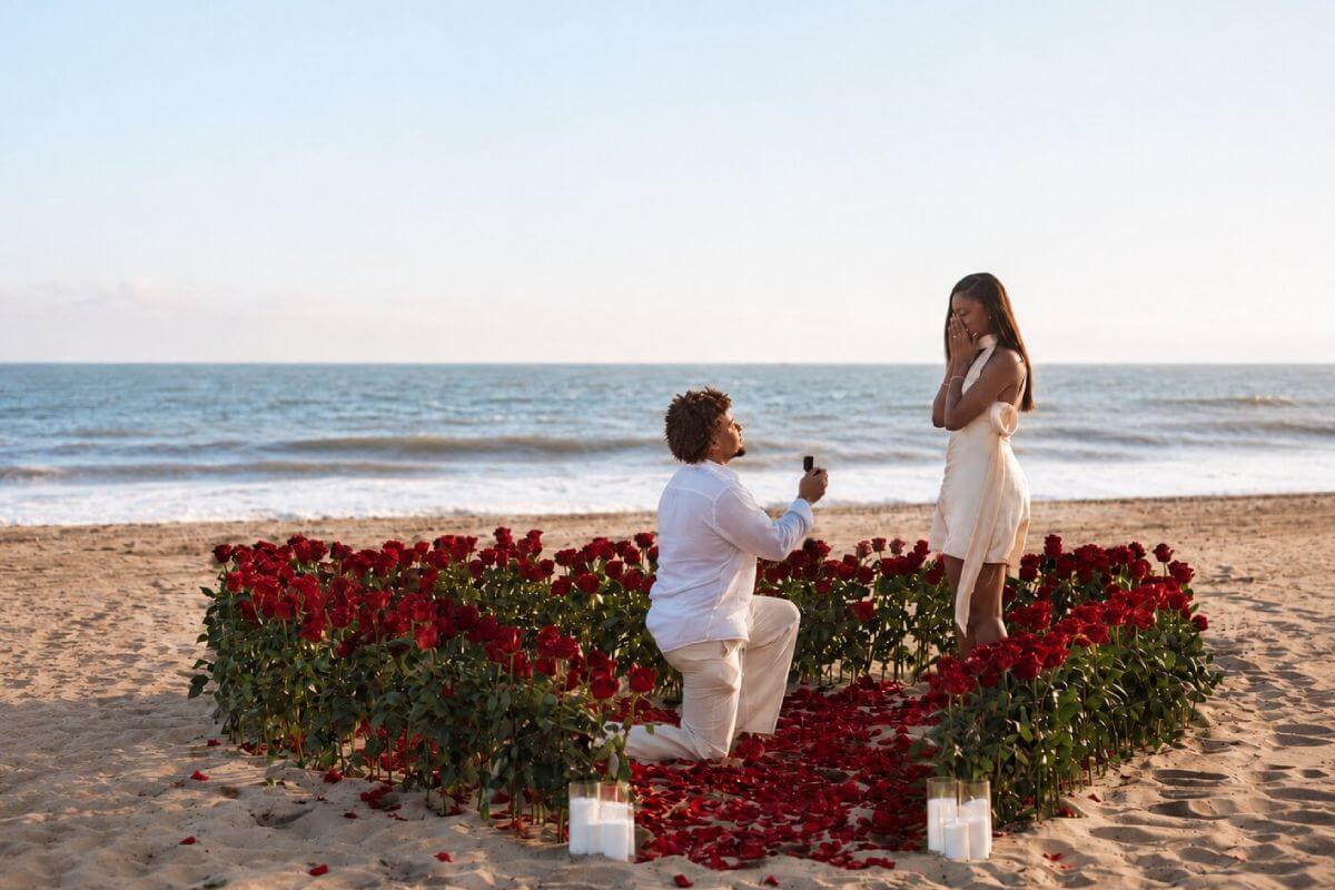 Grand Rose Heart marriage proposal setup on a Los Angeles beach