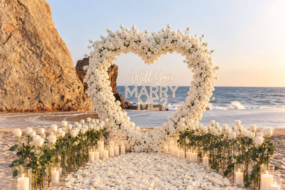 White rose heart arch proposal setup on a Los Angeles beach